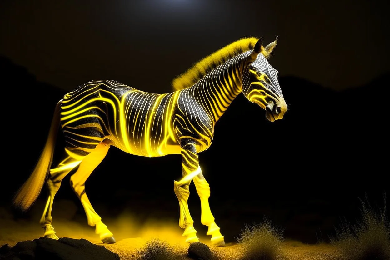 A yellow lightning elemental zebra designed in native American petroglyphs painted by Zosan