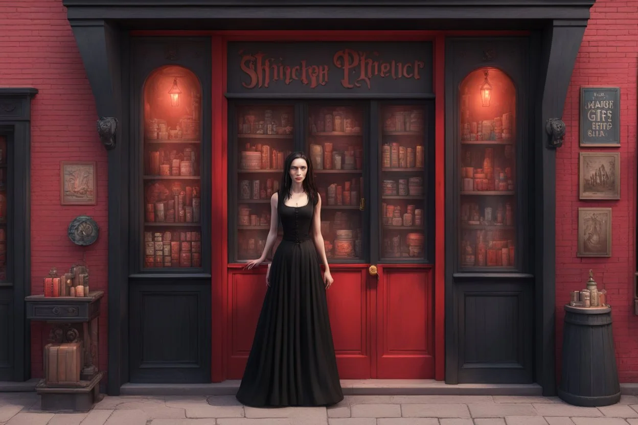 Photorealistic image of a slender, young woman with dark hair, in a witchy, black dress, no hat, leaning back against a shop door with red-painted, large, multi-paned windows on either side of a red-painted multi-paned door. Walls made of brick. The shop is selling magic gifts and trinkets. Large sign over the door.
