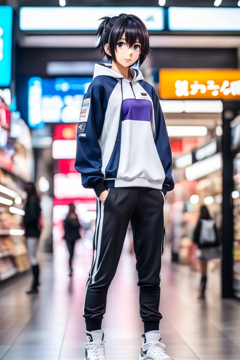a full body anime in sports wear standing in shopping center