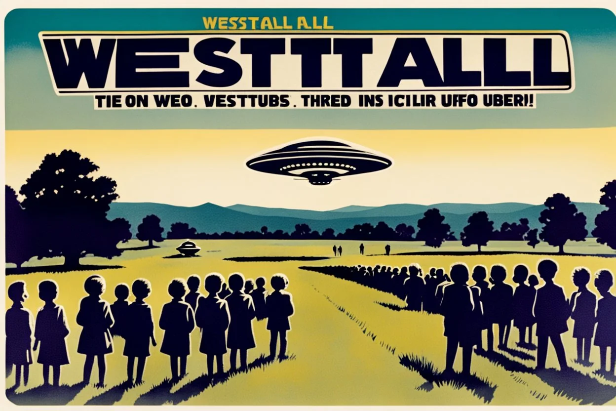 bumper sticker design, westall in bold heading text, ufo 1966, lots of school children looking up in a field, mysterious cool, bold