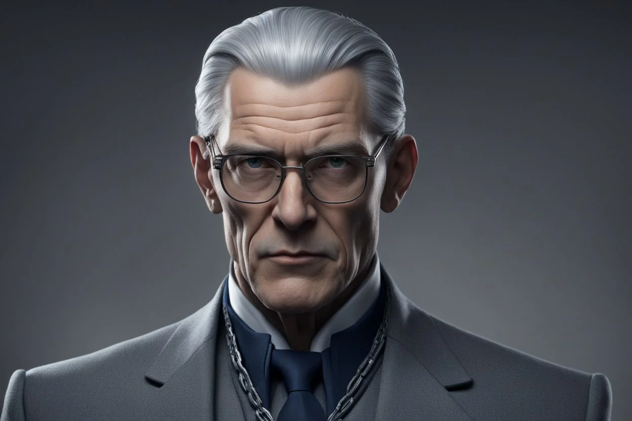 Высокий, сухопарый мужчина лет 50-ти с жёсткими чертами лица, словно высеченными из камня. Седые волосы, зачёсанные назад, и холодные серые глаза, которые кажутся пронзительными, как лезвие. Носит строгие трёхсоставные костюмы (часто тёмно-синие или чёрные) и очки в тонкой металлической оправе. На шее – цепочка с печаткой