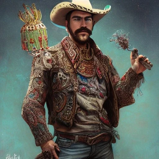 Insanely detailed photograph of an “portrait of a cowboy ” with intricate Sombrero, intricate embroidered charo, mustachioed clear face and hyperdetailed painting by Ismail Inceoglu Huang Guangjian and Dan Witz CGSociety ZBrush Central fantasy art album cover art,8K, hdr, romantic, mysterious, ominous, cigar smoke, jewelry, comfort, natural eyes,naked,tasteful