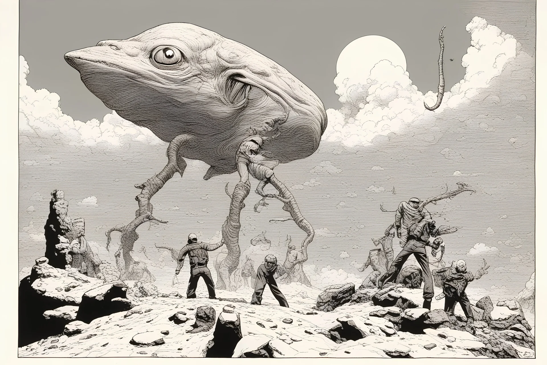 Worm-view camera, Inking art, Jean Giraud (Moebius), John Romita, Milton Caniff, Alex Raymond, John Buscema, an Alien creatures of an amazing species, comics inking art