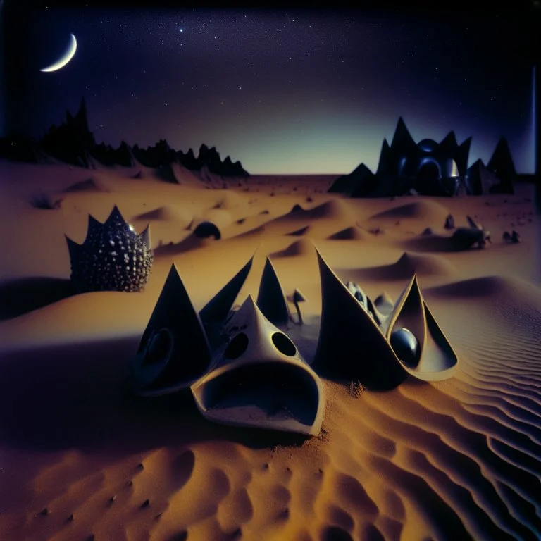 Polaroid close-up photo of odd shapes scattered over an arid wasteland, very spooky, night, intricate, Yves Tanguy world, 8k, deep 3d field, 35mm photography