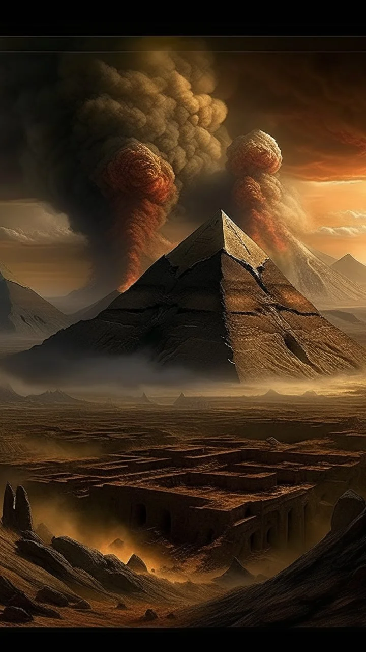 A several volcanos exploding over a the Permit of Egypt in high definition cinematic theme with stormy fiery sky