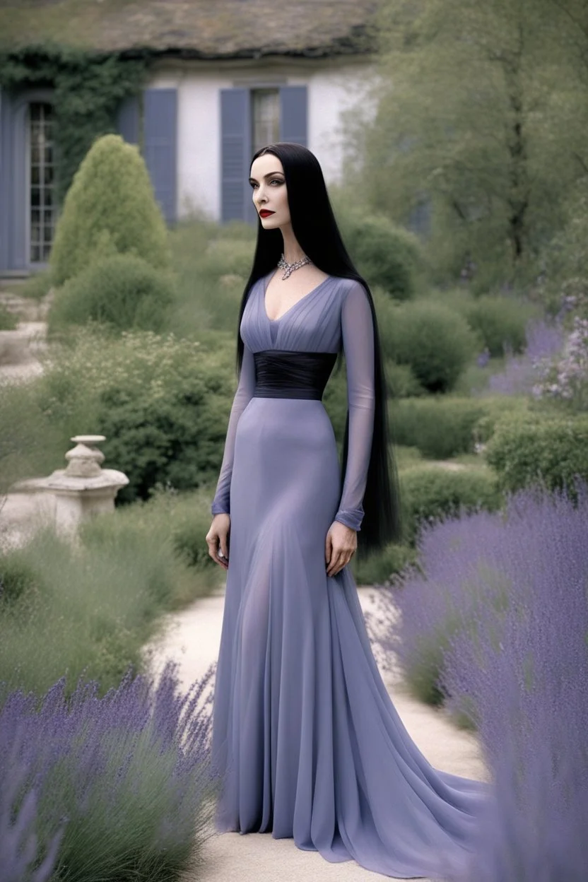 Morticia Addams glided by his side with graceful elegance. For unlike her family's usual severe aesthetics, today Morticia had chosen to clad herself in the whimsical styles of Christian Dior. She wore an ankle-length dress of silk chiffon in a muted watercolor print of lavenders, sea blues, and shadowed greys. The slim skirt and fitted bodice draped lovingly over her lithe figure. A halter neckline gently displayed her alabaster shoulders. A wide-brimmed hat of the same printed silk shaded her