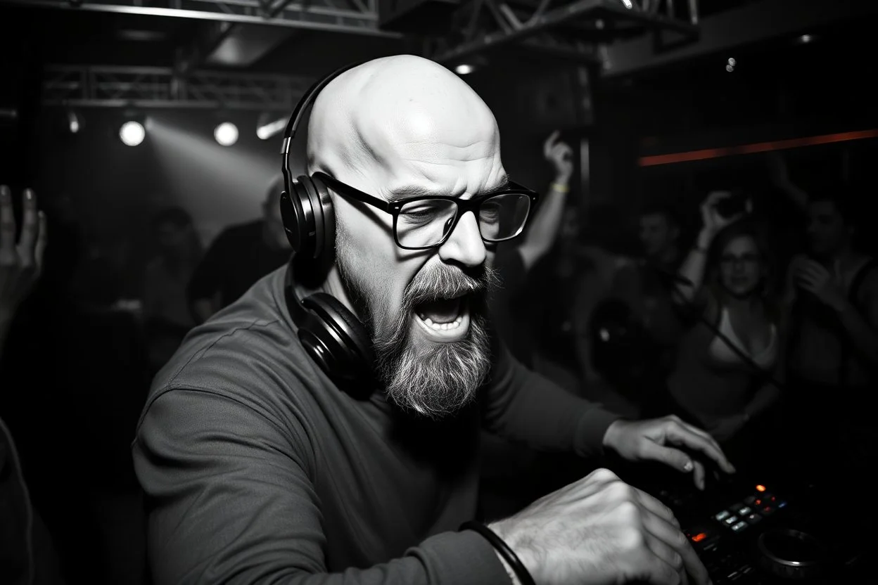 en manlig (breaking bad lookalike) skallig och goatee och glasögon, (ansat skägg) DJ (med hörlurar) som sjunger nära in i kameran, väldigt exalterad, och folk som dansar våldsamt i backgrunden på ett techno disco, svartvit bild, prodigy trash style