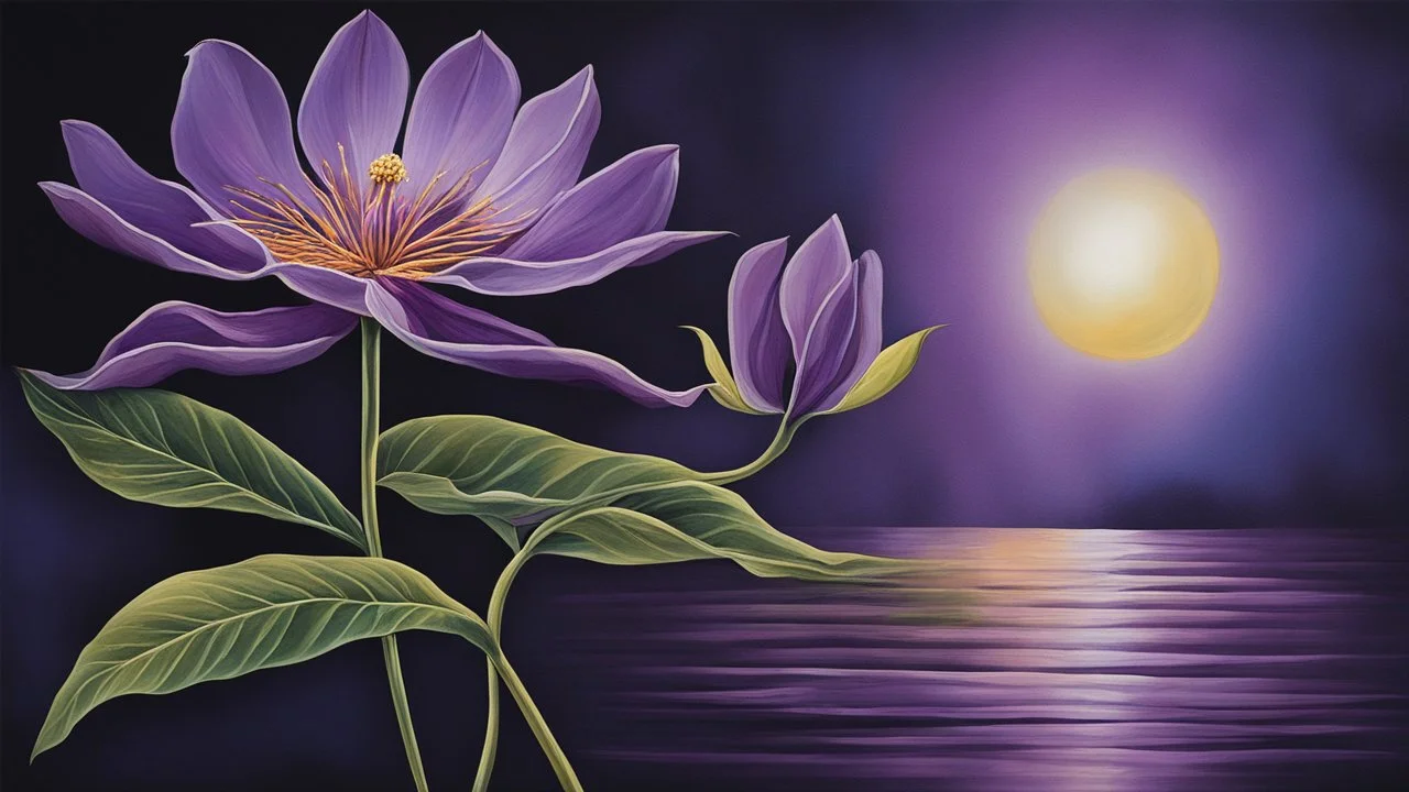 This artistic piece is an embodiment of beauty and harmony. It expertly blends the colors of the spectrum to create a mesmerizing effect that captivates both the eyes and the mind. The focal point of the artwork is a single flower, a deep lilac blossom with its delicate petals gleaming under the moonlight. The vibrant colors harmonize with the dark background in a way that creates a splendid contrast.