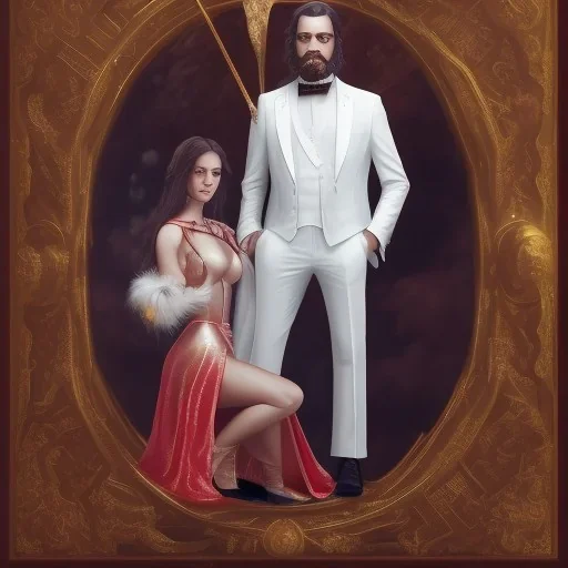 8K, a Highly detailed stunning portrait of Dom man with a submissive woman kneeling, a white suit, beard, and short hair,