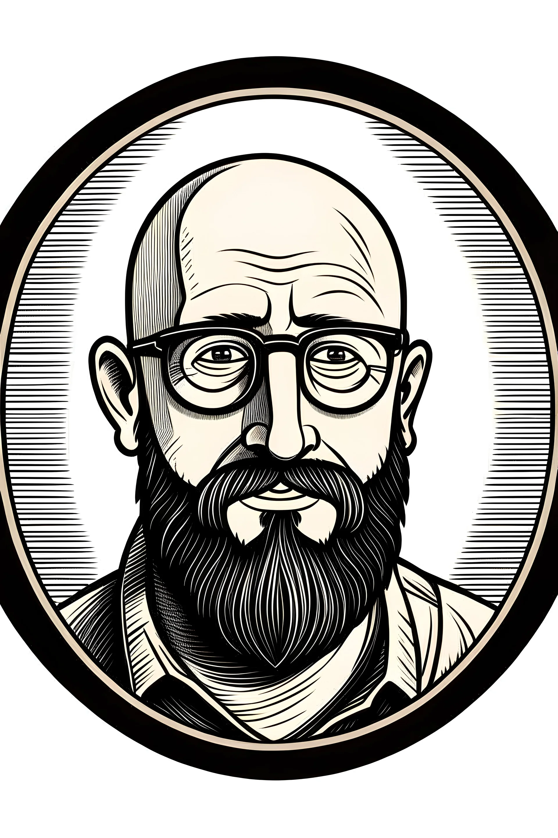 create a logo for a website, called Patrick nerds out using the following description: The man in the photo appears to be in his mid-thirties to early forties. He has a bald head and facial features that suggest a friendly and open personality. His beard is closely trimmed, neatly outlining his jaw, and he sports rectangular-framed glasses that add a distinguished look to his appearance. The smile reaches his eyes, causing slight creases that indicate amiability and a tendency to smile often. He