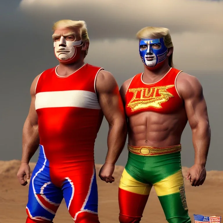 Realistic image of Donald trump wrestler, Mexican wrestling style, Mexican wrestling mask for eyes, red and blue breeches, glow us flag dress, single, suspenders, retro style, 80s, vibrant color, highly detailed, sky background, concept art, unreal engine 5, god rays, ray tracing, RTX, lumen lighting, ultra detail, volumetric lighting, 3d, finely drawn, high definition, high resolution.