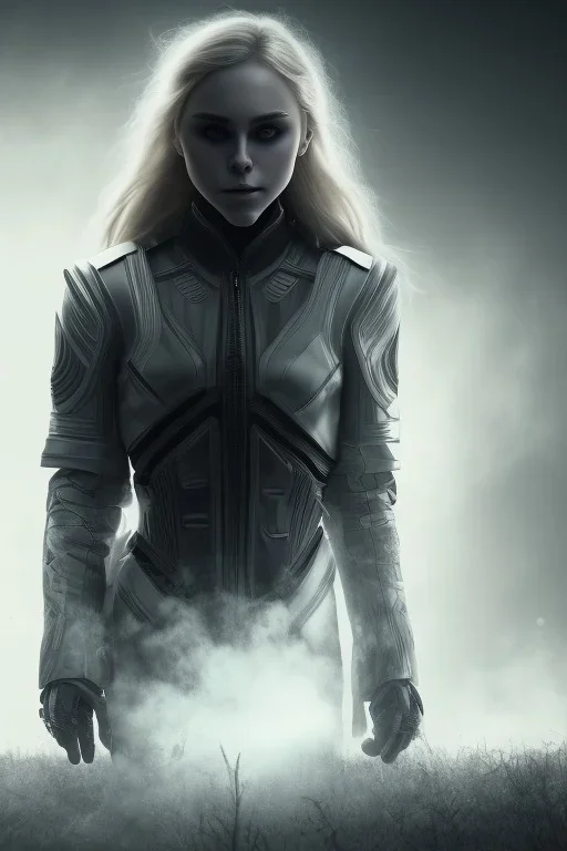 All Black AnnaSophia Robb soldier, ghost, wearing high tech mask, white smoke, dark, rage, sorrow, high definition, ultra 8 k, volumetric lighting, blue fire, fog