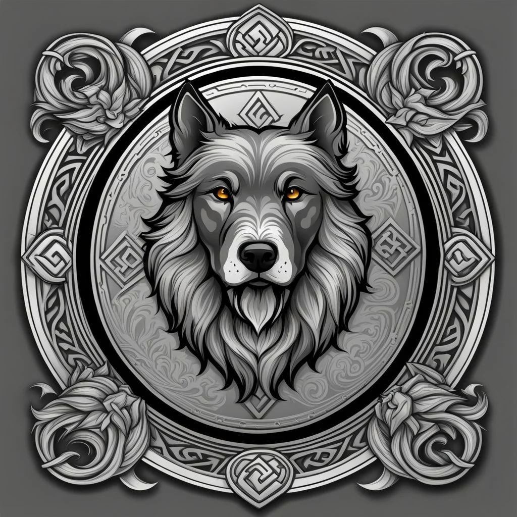 perro cerbero estilizado antiguo con un marco elegante con runas y el nombre "cerberus custos infernis" en la base, todo en escala de grises, nada de color,