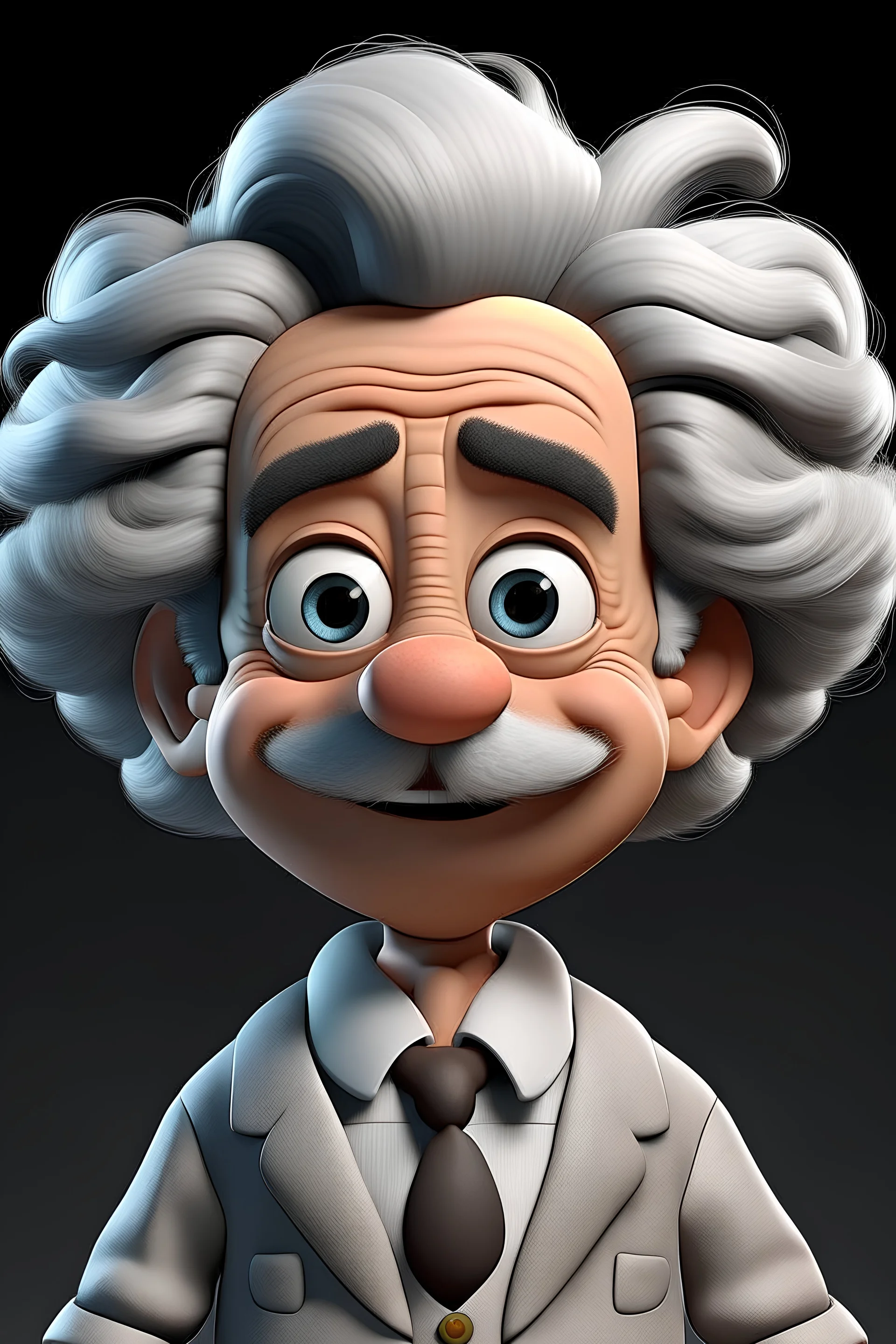 Stwórz obraz naukowca podobnego do alberta einsteina który wygląda jak postać z animacji disneya ma duże oczy dobrze widoczne uśmiechnięte usta. Powinna być widoczna cała sylwetka tak żeby można było zanimować usta w innym programie