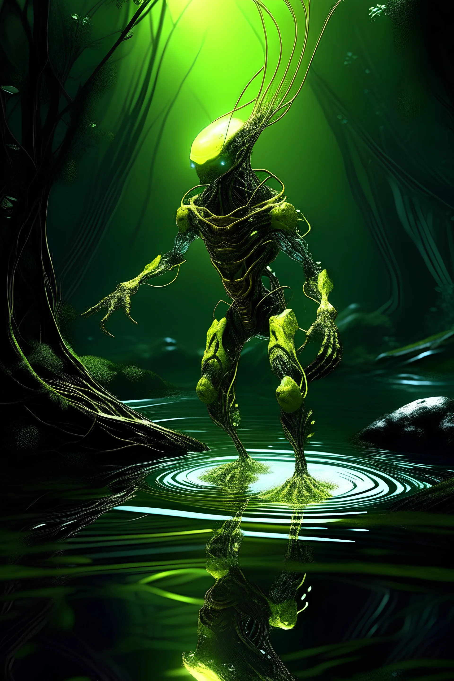 The Infamous Rogue dynamic pose, shimmering light, intricate details, light art, placed in a science fiction swamp on an extraterrestrial world, colors deep and rich,
