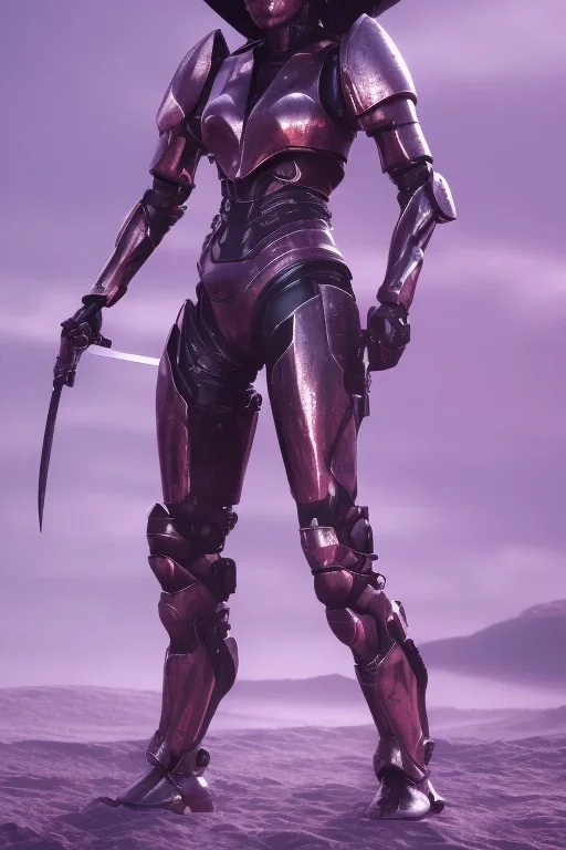 Strong girl in futuristic metal armor, two swords, glowing purple armor, fighting pose, cyborg