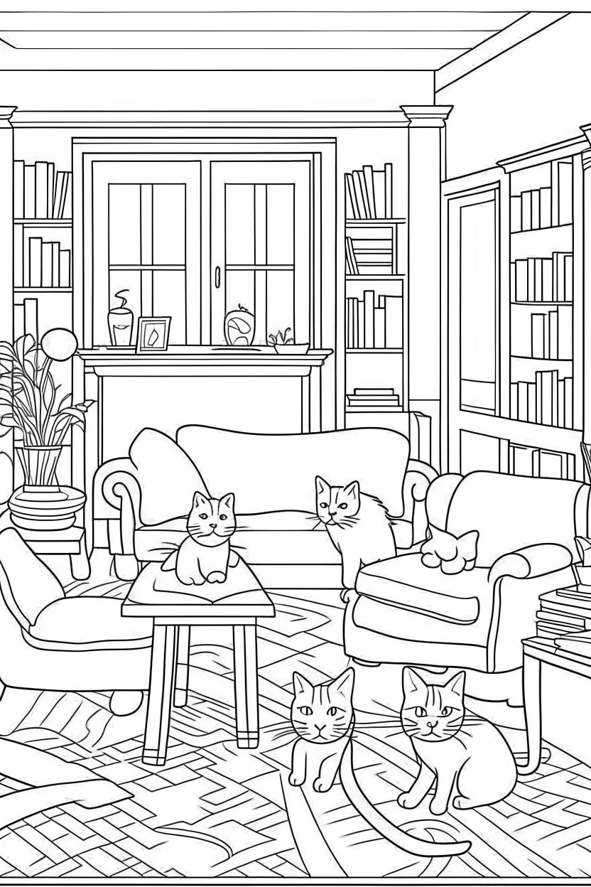 coloring page for kids, Cats in the living room, cartoon style, thick lines, low detail, no shading