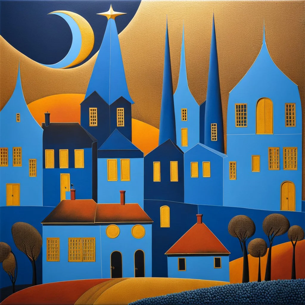 Village with moon, solchi e rilievi, blue, golden, pointillism decal bas-relief materic, René Magritte