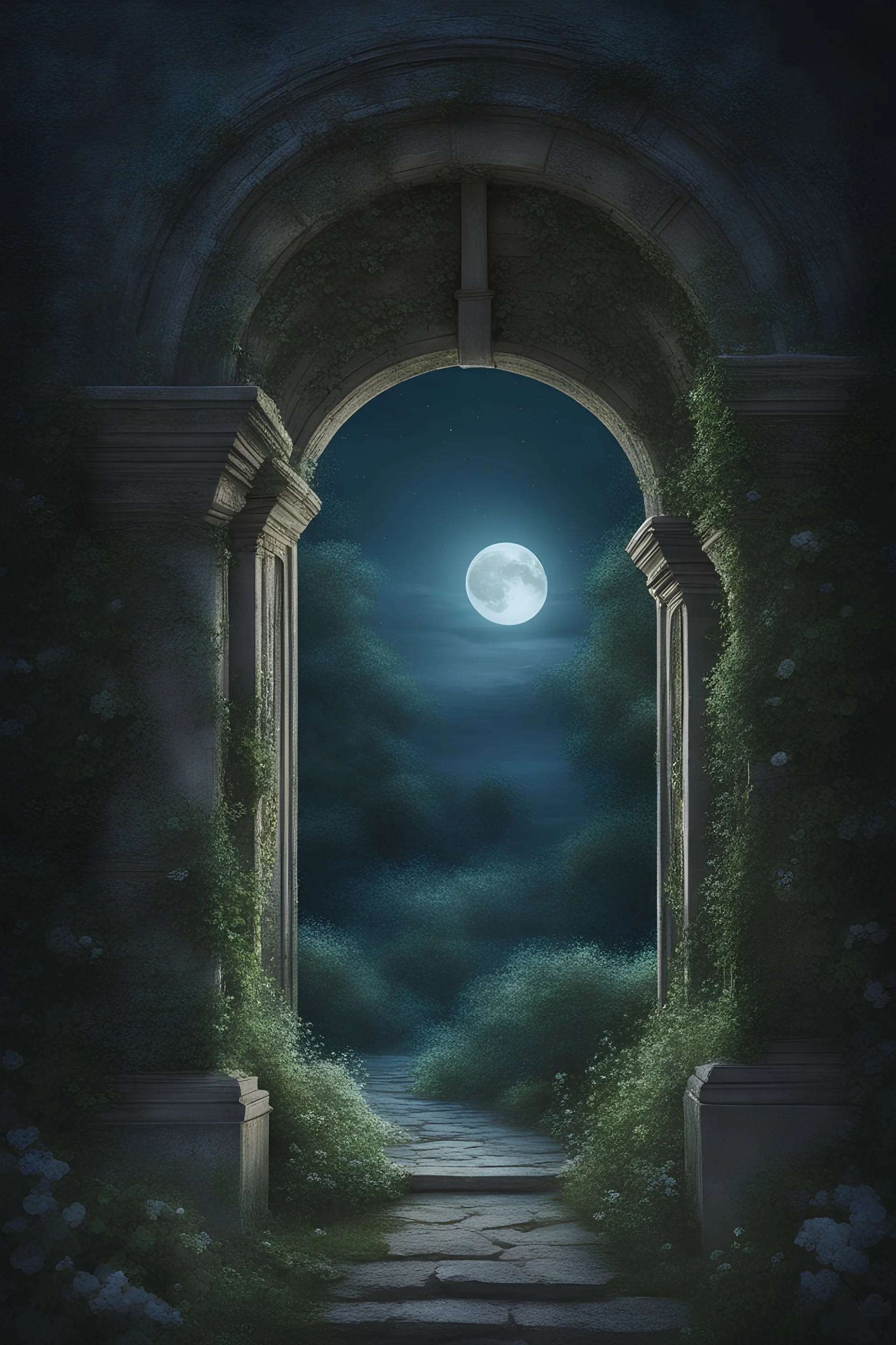 An old stone archway covered with vines and flowers in a garden, bathed in moonlight, full moon beyond the archway, fantasy, highly detailed, ethereal, cold and muted colors, blue and green tones, dreamlike