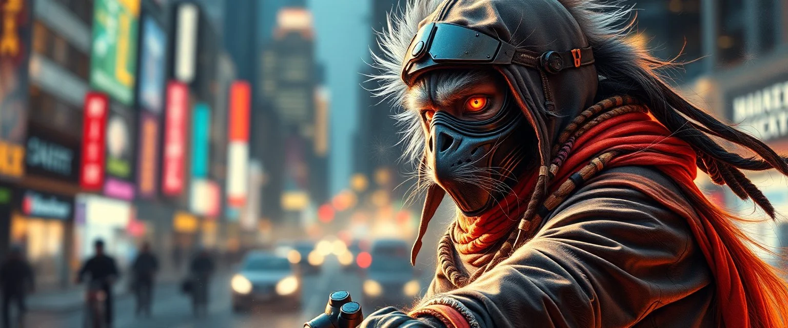 Rembrandt wall poster of ninja transparent biker weasel rasta man with cute fur, in big cyberpunk city crossover, volume light and motion blur, airbrush and pen outline