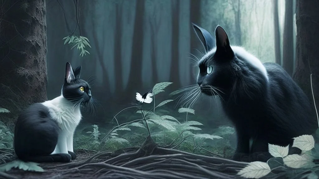 A black cat staring a white rabbit in the forest.