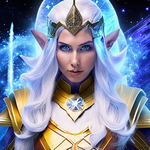 cosmic mage, elf, female, battle mage, epic, cosmic magic, long ears, white hair, face details, pale skin, jewellery, broad shoulders, glowing eyes, sharp ears, cosmic clothes, bright eyes, cosmic eyes, ears shown, light out of eyes, the cosmos in eyes, stars in eyes, shining eyes, small jaw, non human face, thin face