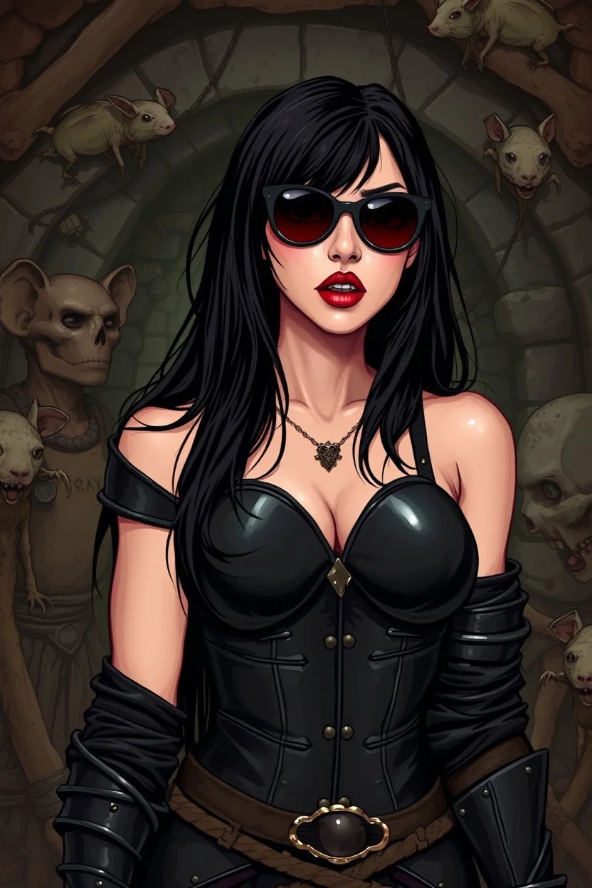 BEAUTY WOMAN, NICE BODY, SCARED, BIG EYES, BLACK LONG HAIRED, RED LIPSTICK, DRESSING A BLACK ARMOUR, AND BLOUSE, SUNGLASES, INTO A DIRTY DUNGEON, BONES AND RATS