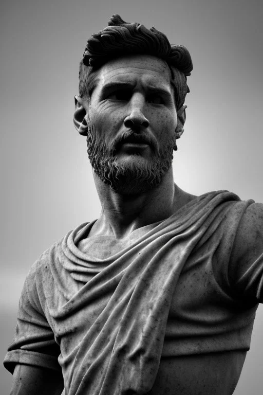 Ultra Realistic image, roman sculpture, Calacatta marble material, Lionel Messi, gold Laurel wreath, Renaissance style, miguel angel David style, chisel style, emperor, waist up portrait, epic, celestial, cinematic lighting, God light, god rays, 4k resolution, smooth details, ornate details, vibrant color, soft lighting, unreal engine 5, blue background.