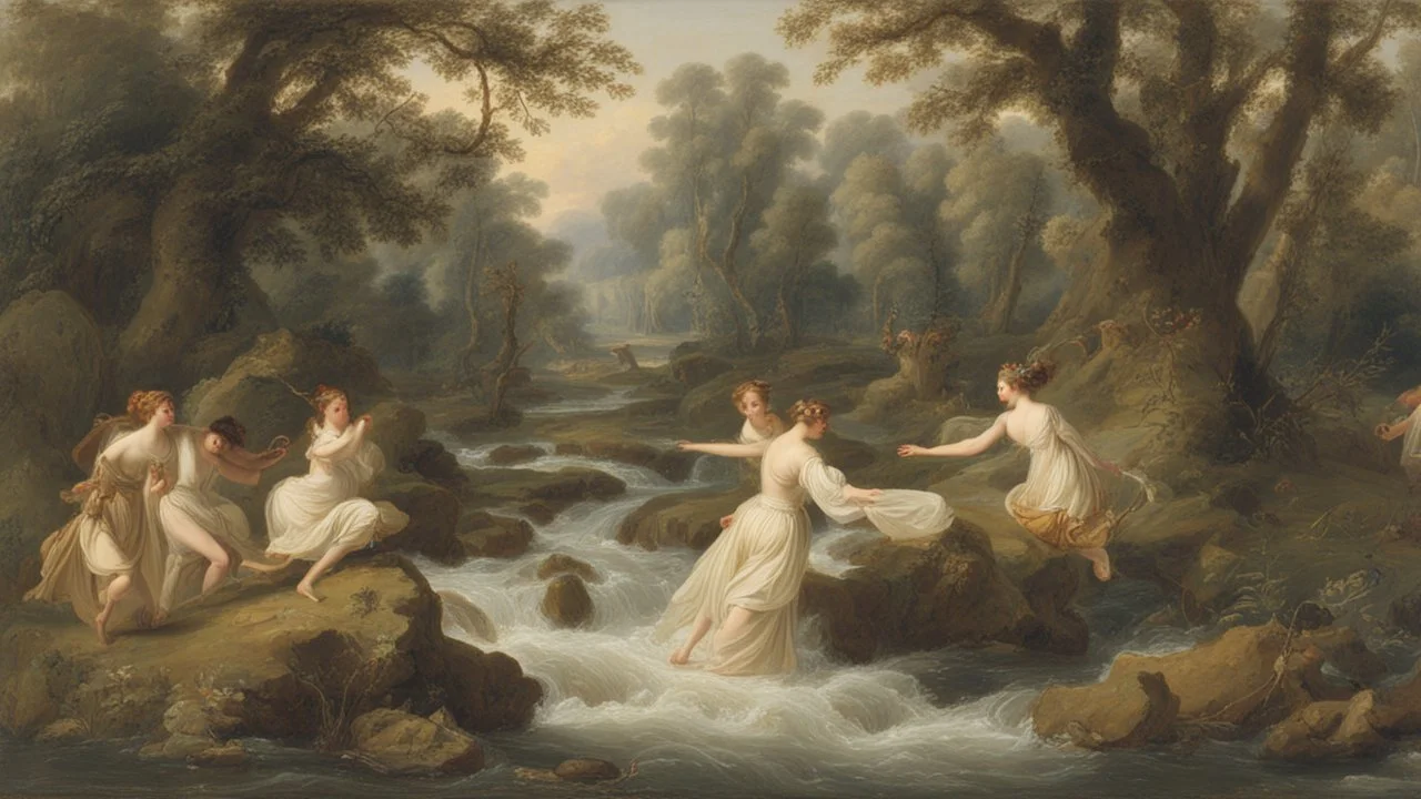 Nymphs Dancing in a stream, in a woodland clearing