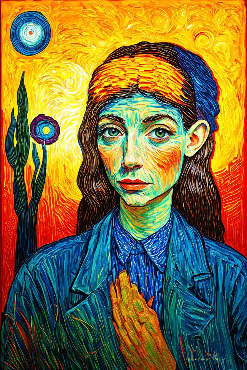Luminous being; backdrop with a Hundertwasser and Van Gogh mashup style and with a subject in the style of Edvard Munch