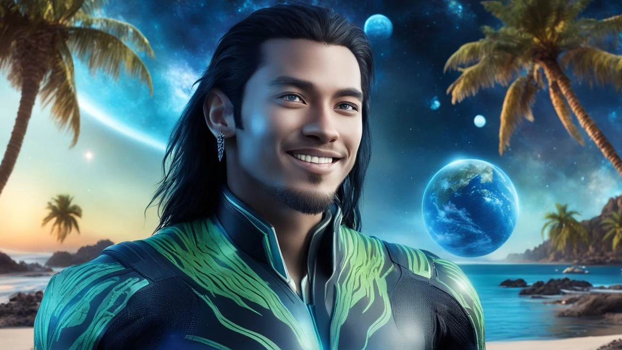 beautiful gorgeous young man na'vi with long hair, Avatar, blue skin, two small ears, green eyes, black hair, in cosmic suit, galactic ambiance, medium pointy goatee , smiling, with spaceship and planets and palm trees and clear crystaline cosmic beach in background