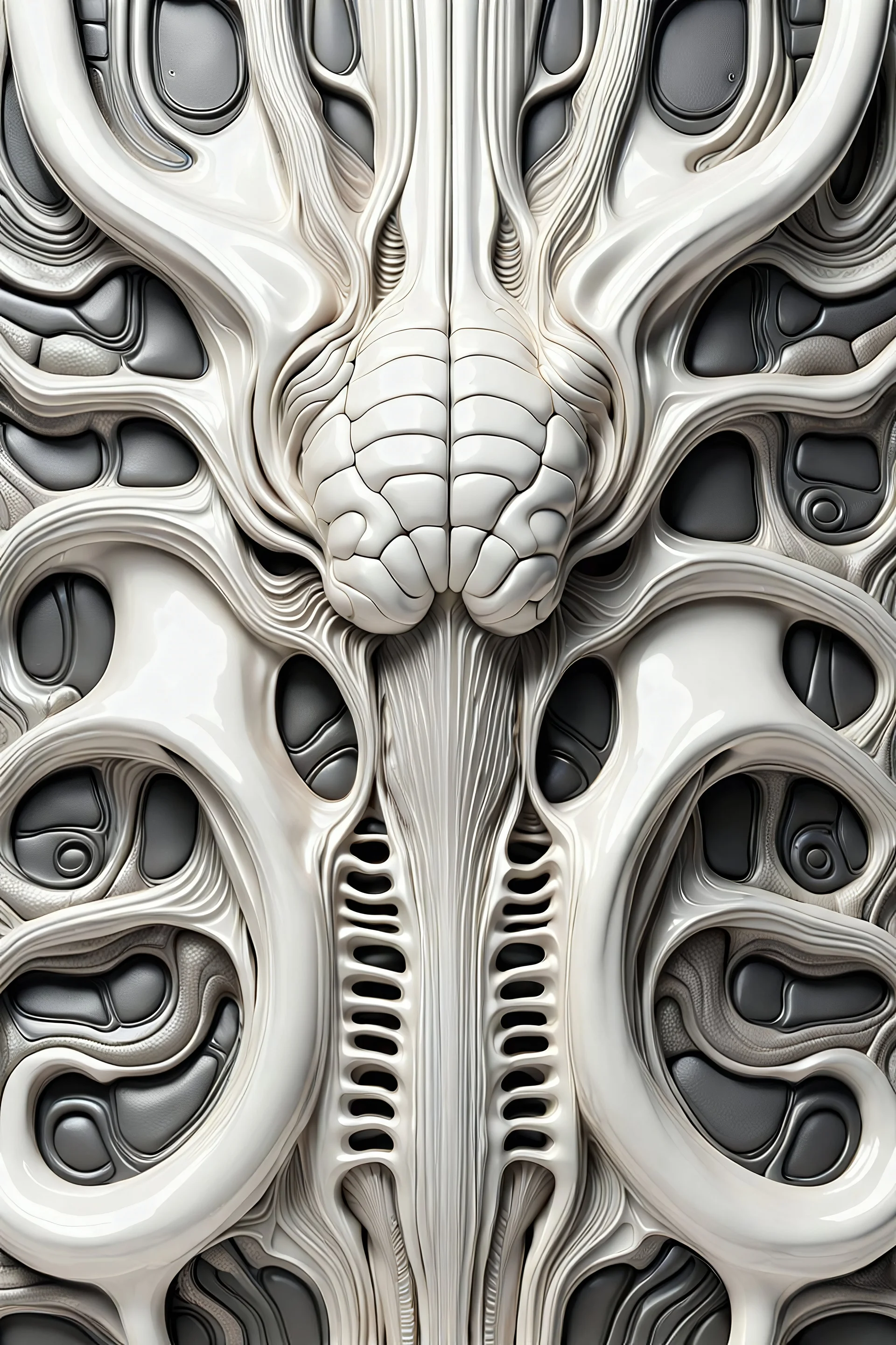3d rendered organic white glossy plastic wall texture form inspired by HR giger, brain anatomy.HR giger style, single objects, abstract, scientific, black solid background, octane render, 8k post-production, artstation: award-winning: atmospheric: commanding: fantastical: clarity: 16k: ultra quality: striking: brilliance: stunning colors: amazing depth