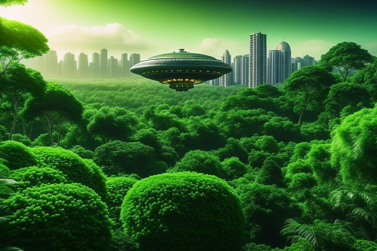 spaceship flying low over a jungle city