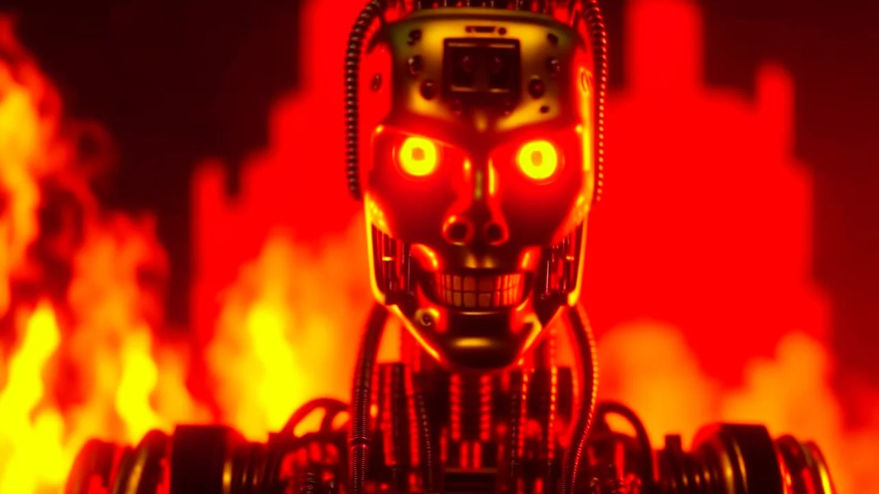 4K portrait of the real-life Terminator robot, firestarter, radio broadcast logo, flames in the background.