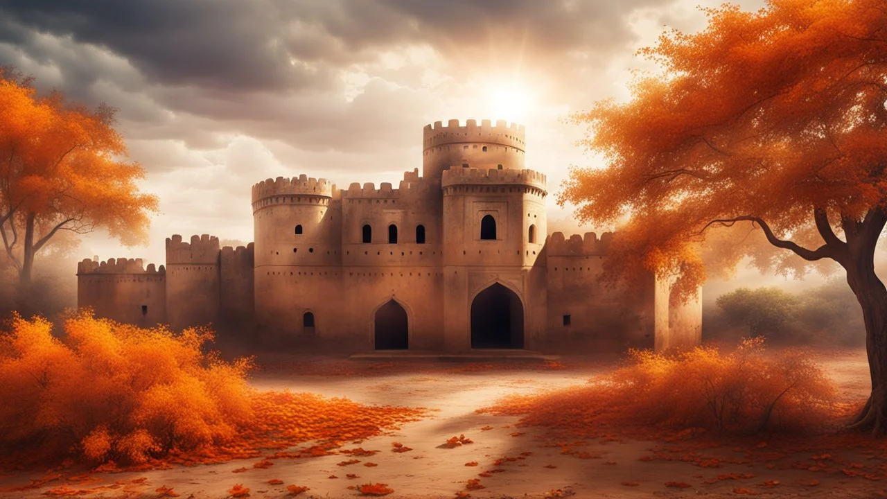 Hyper Realistic Photographic Outside View Of A Rajasthani Fort In An Autumn Season with dried Orange Leaves on the land & thick autumn trees with cloudy-sunrays showing dramatic & cinematic ambiance.