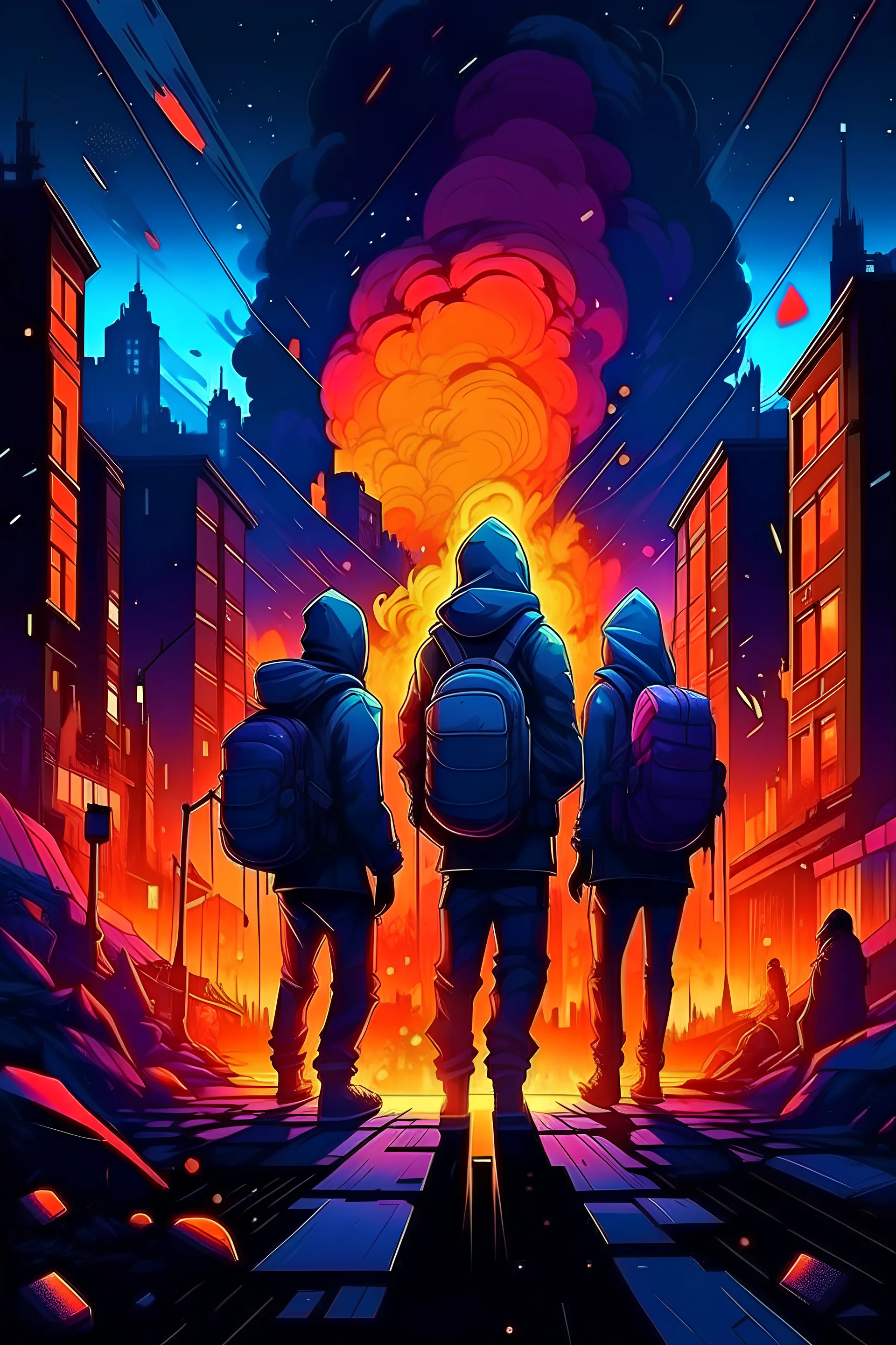 Vibrant Vector Art, group of Guys in hoodie, keyboard in backpack, nigh time city street on fire, raining, nebula, houses burning, planets in sky, missiles incoming , people in background