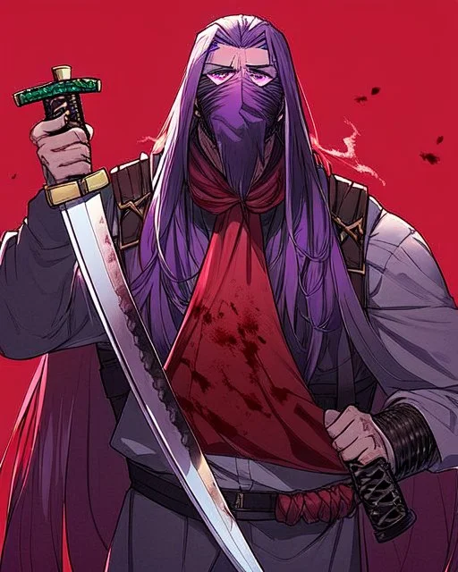 Man with Purple long hair, purple eyes with murderous intent, wears a mask around his neck without covering his mo, He wears an assassin's outfit, carries a katana, dark red background, his face is stained with blood on his cheeks, he has a calm and cold expression, and He is a 23-year-old man but has a light body and not that strong, You have a "Z" mark on your clothes, As I said, his body is not that heavy so he is very thin, being very normal compared to people.