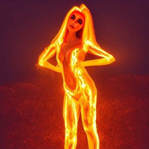 woman made of fire, fire angel, fire clothes, full body portrait, long flowing yellow hair, highly detailed, real life photo, photo quality, extremely detailed, highly detailed, 8K, crisp quality, looking at me