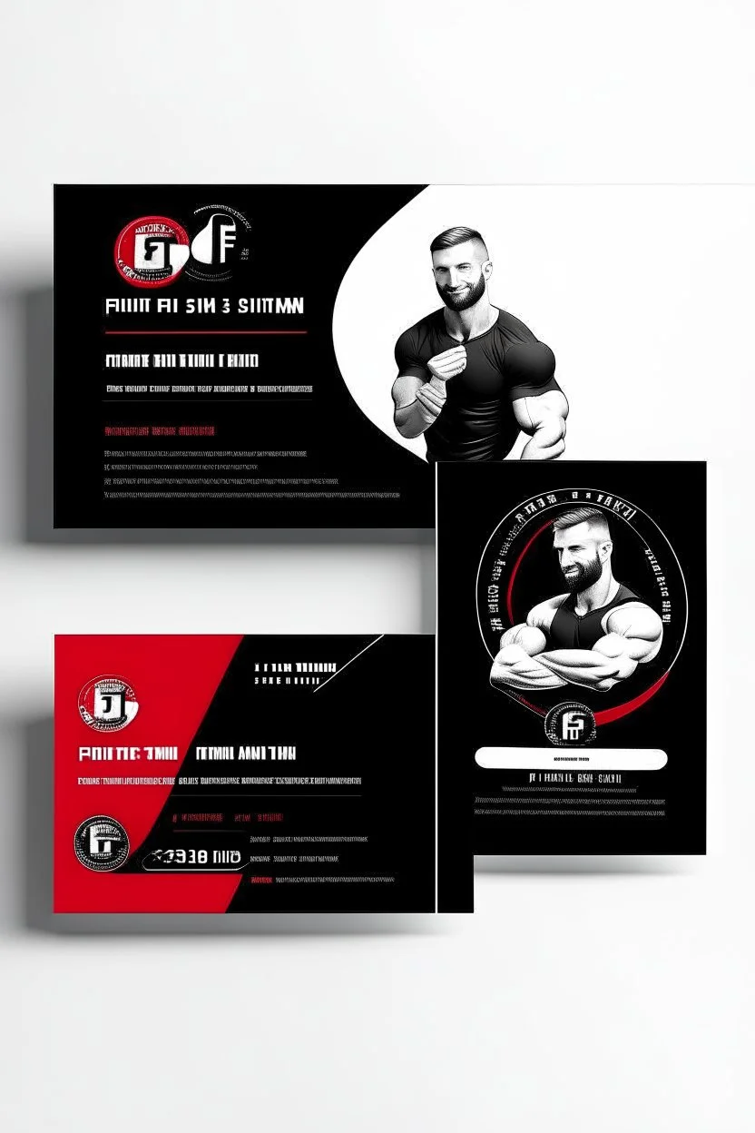 business card layout for a gym instructor, red and black, vector art, white background with email, address and Instagram icons