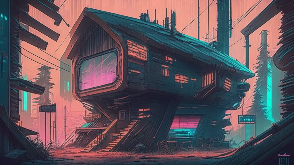 Wooden Cabin In futuristic cyberpunk city, comic style