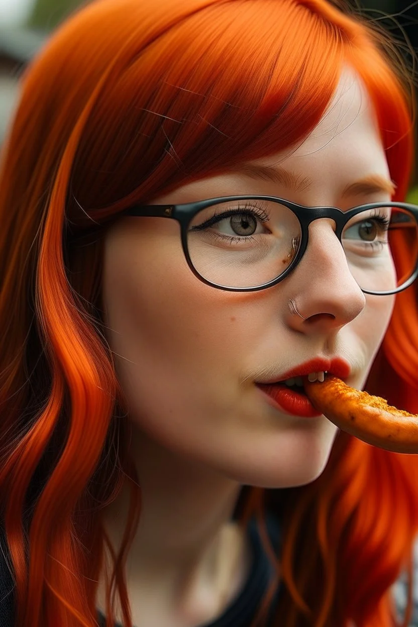 girl with ginger hair in a fringe with glasses and a septum piercing eating a sausage