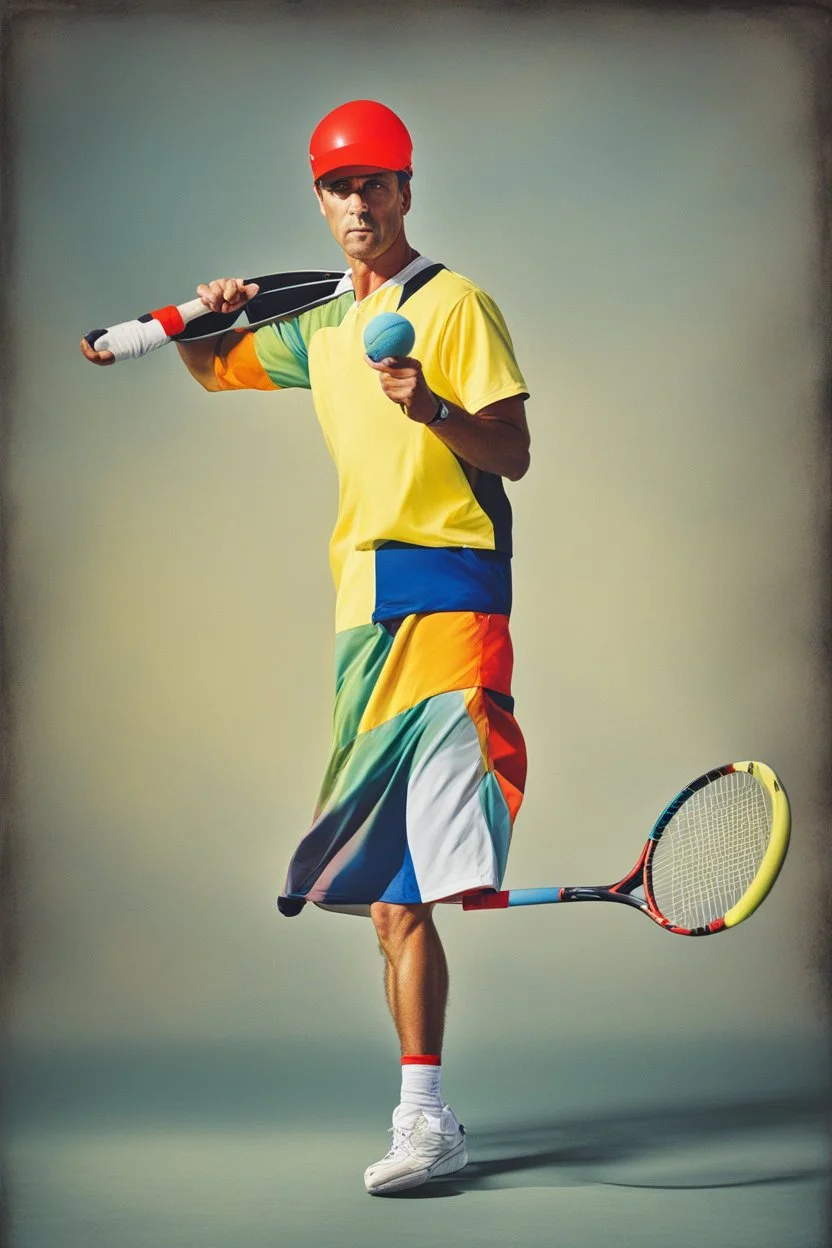 the tennis player juggles his racket: colorful and humorous, quirky avant garde [in oger dean's style] futuristic, neo-dada