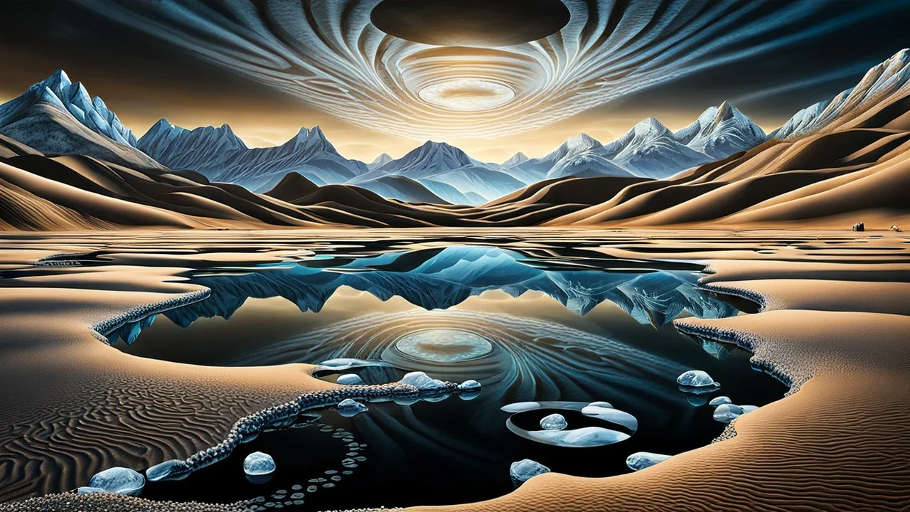 Abstract Landscape with surreal iced desert, mountains, iced water, reflections with shadows and lights. The scene features circles, lines and ovals, all enhanced by overlapping shadows and reflections, adding depth and dimension. The sky is dramatic, filled with swirling dark clouds , creating an intense atmosphere. In the scene old bones lying in sand in the right side. The color palette consists of rich, deep hues, watercolor and dark ink, like a dark dream