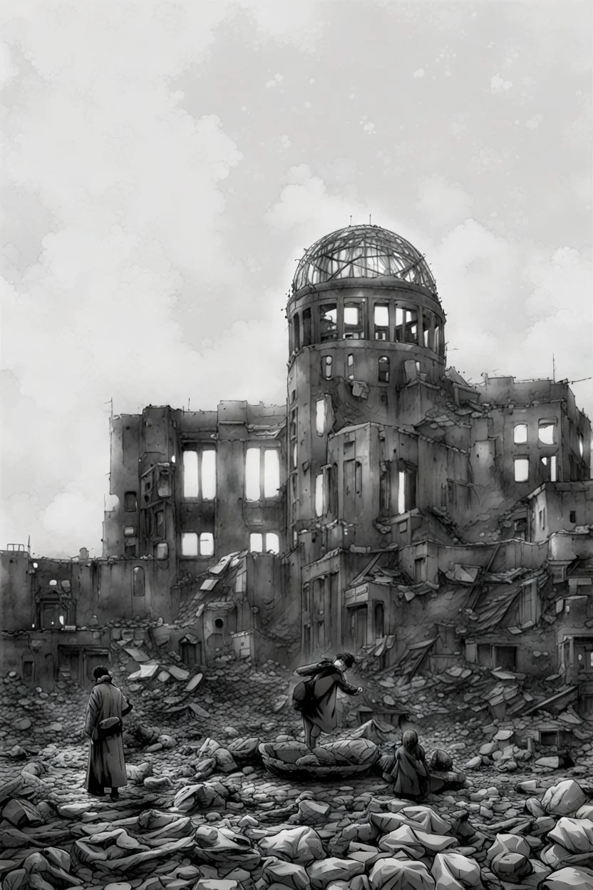 hiroshima dome, manga page, no greyscale, only line arts