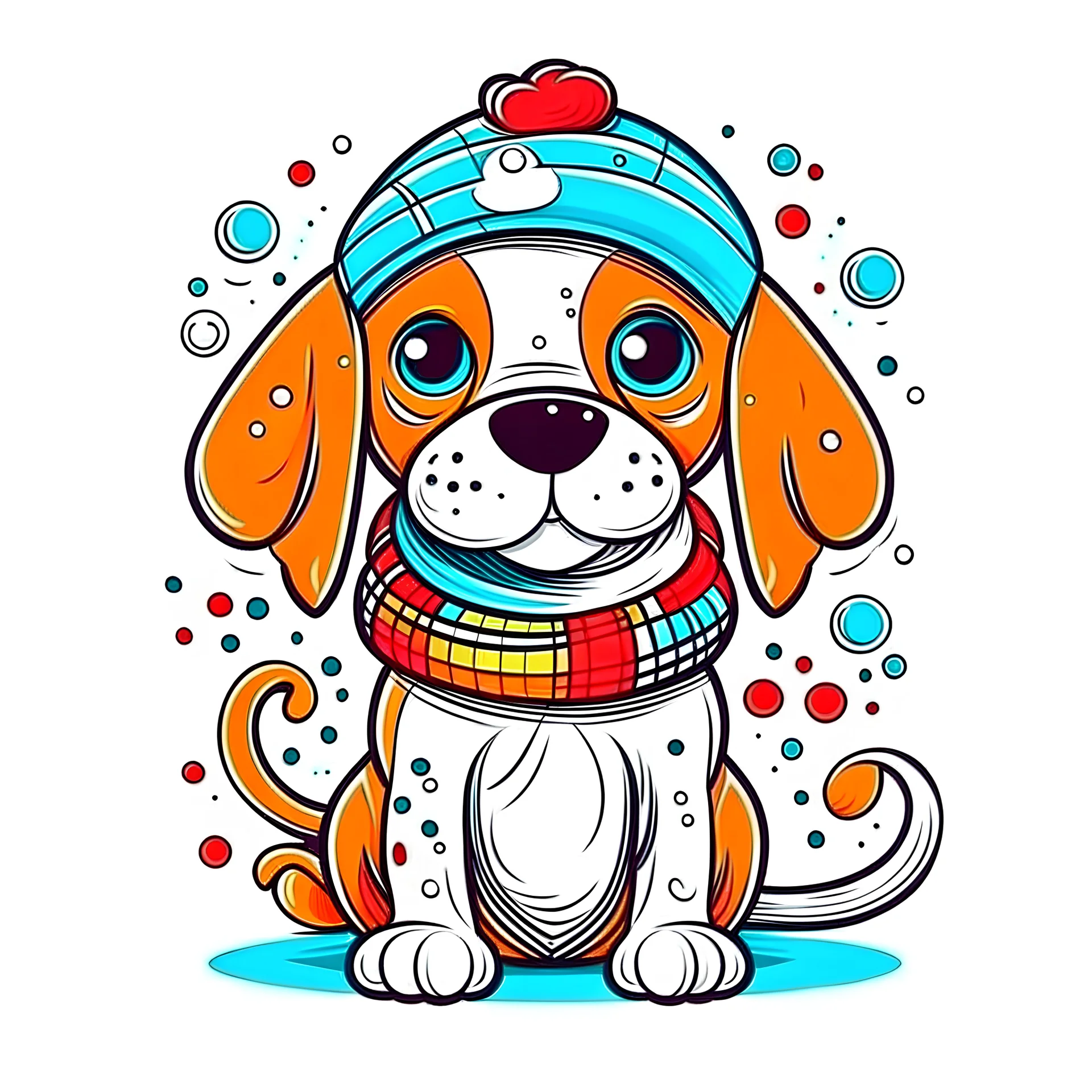 cartoon dog illustration style ,white background , Coloring book Holiday T-Shirt Design, Groovy Winter