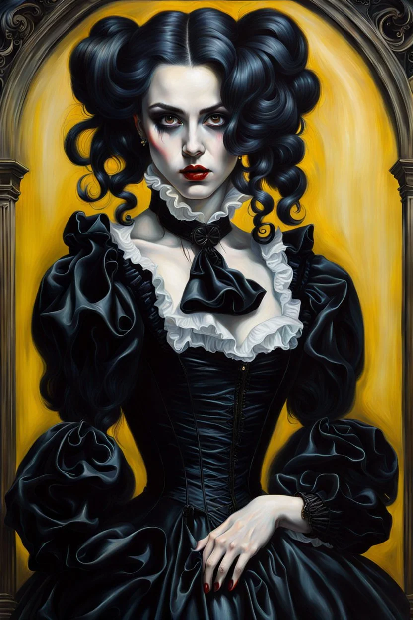 full body oil painting of a goth, punk vampire girl with highly detailed hair and facial features ,in the painting style of Gian Lorenzo Bernini and Johannes Vermeer, with a fine art aesthetic, highly detailed brushstrokes, realistic baroque style