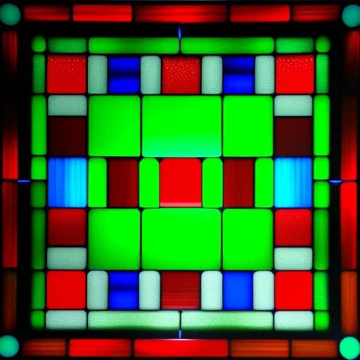 Hyper realistic piet mondrian, squares, stained glass window with lead caming, Green gkass, 4k, sunny day outside, reedglass, ambient glowIng glass