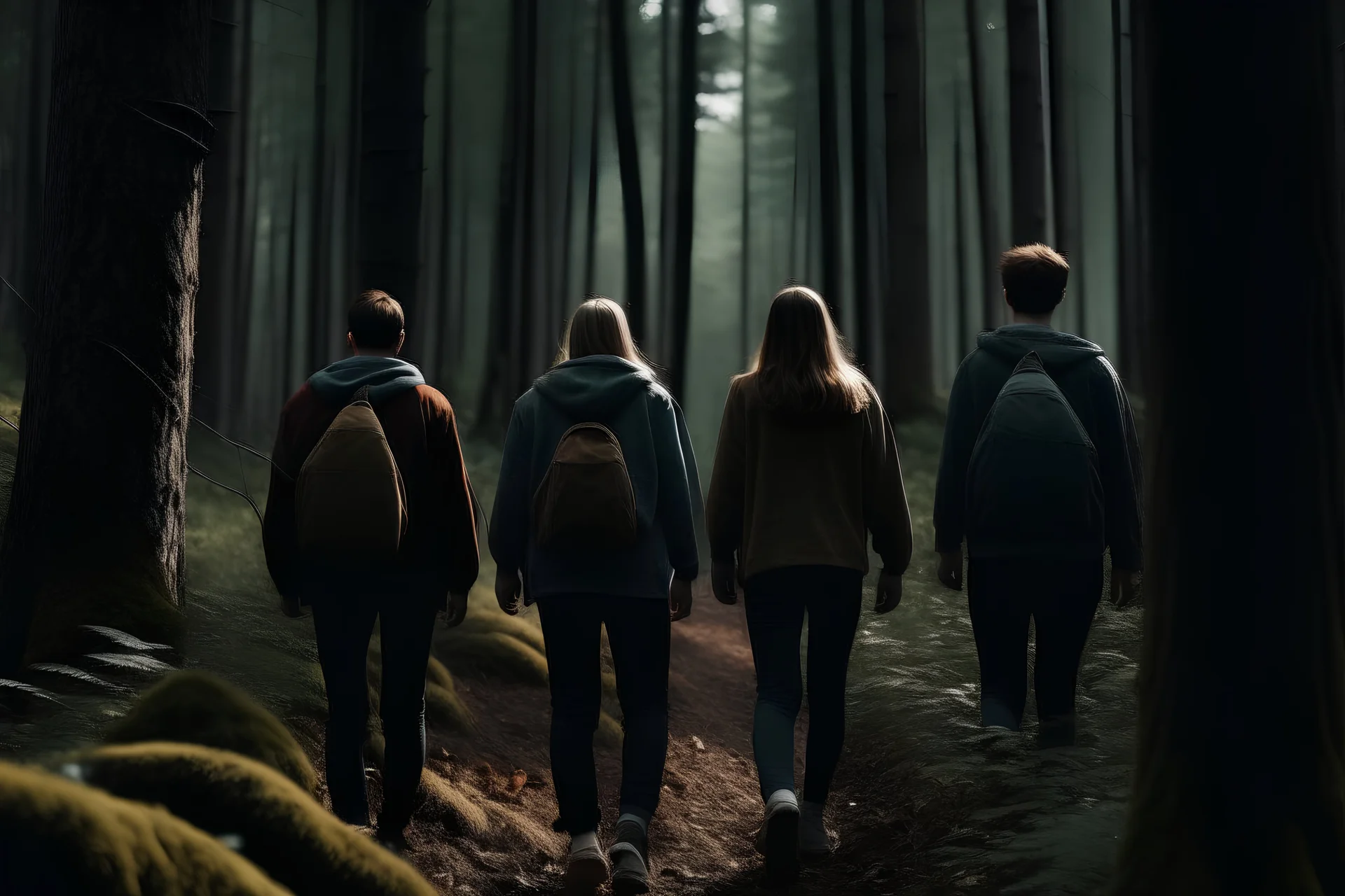 group of people walking in silence out of forest