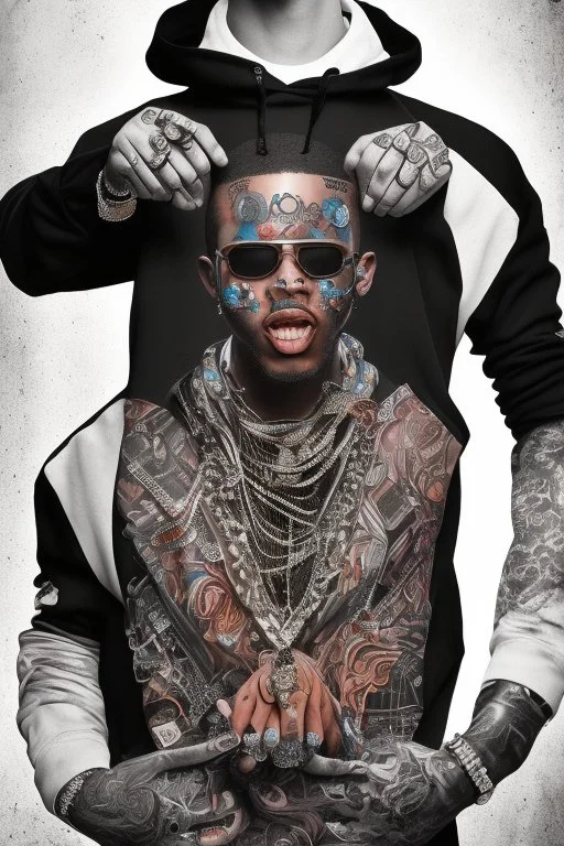 Cool black rapper with all the jewelery and tattoos, hoody and moves. Surrounded by an abstract backstreet graffiti vibe