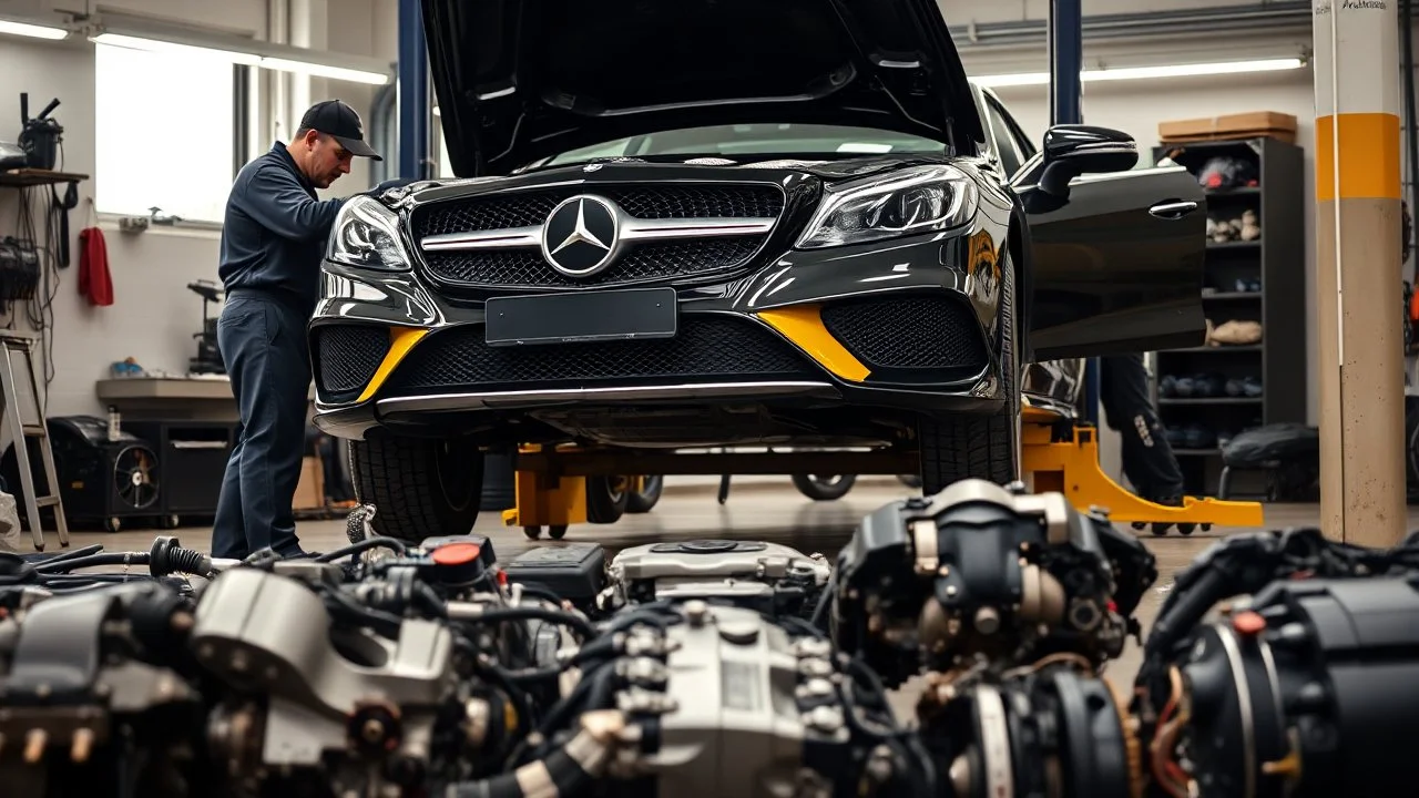 A car repair shop where two people in work clothes are repairing a black and yellow striped Benz CLS 550. At the bottom of the image, a collection of car engine parts are arranged on the floor, with lighting and a classic atmosphere.
